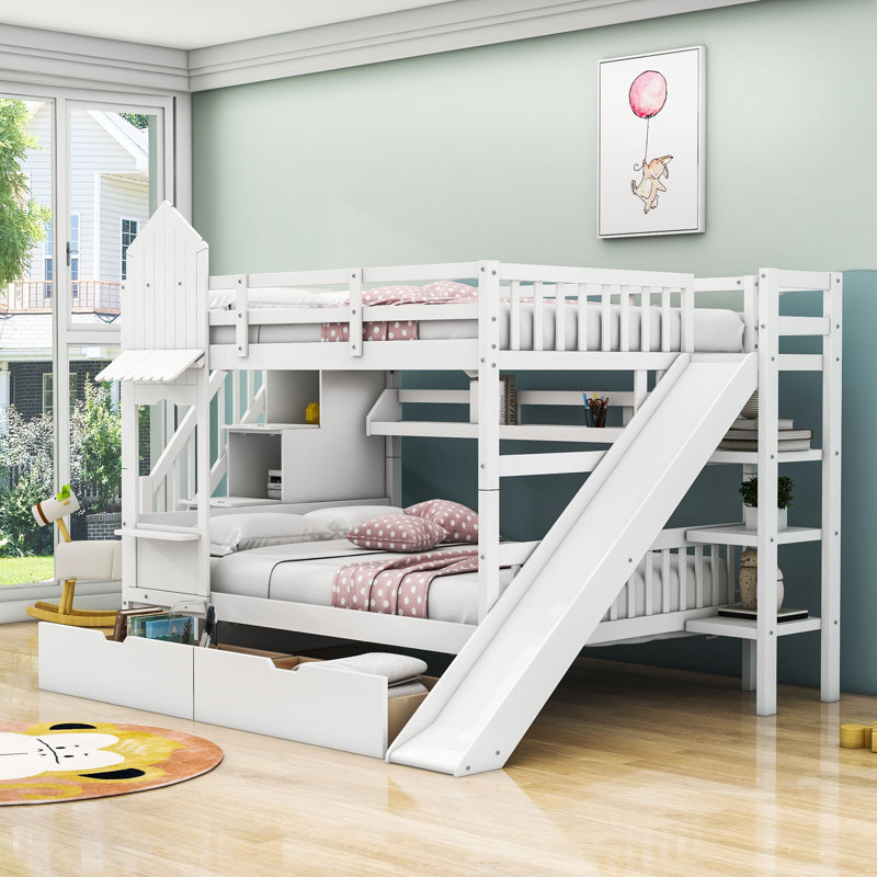 Lit superposé en bois avec tablettes et glissière Jahmya, Blanc, Double sur double