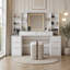 Grande coiffeuse de 150 cm avec miroir lumineux, éclairage DEL 3 couleurs réglable, meuble coiffeuse en bois d'ingénierie E1 avec 8 tiroirs et étagères de rangement ouvertes pour chambre à coucher