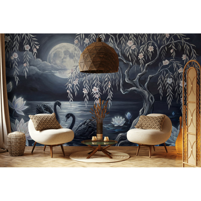 Papier peint noir foncé avec cygne noir, 100 po x 96 po, Peler et coller