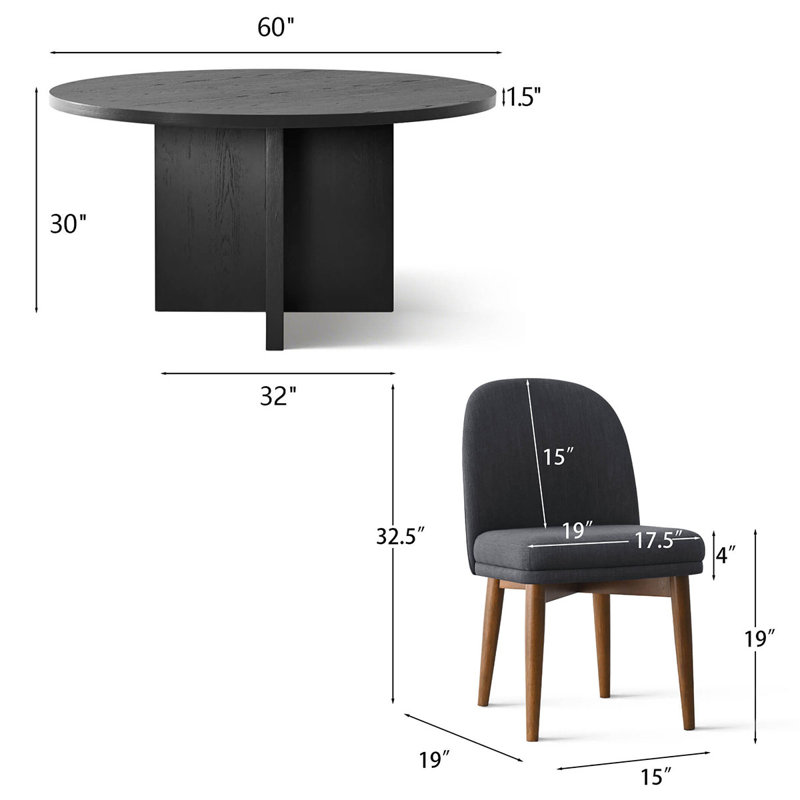 7-Piece Dining Set for 6 with 60" Round Dining Table and 6 Upholstered Dining Chairs, Charcoal