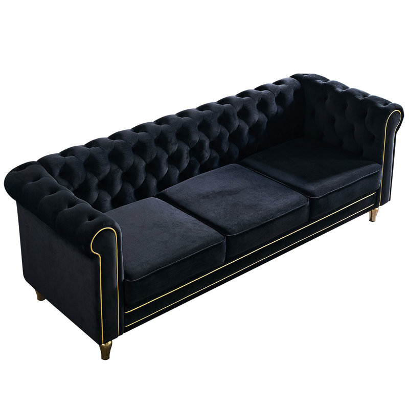 Living Velvet 84,65 pouces noir. Peau - revêtement. Ressorts ensachés et coussins de siège en mousse à haute densité pour plus de confort. Garniture dorée et capitonnage profond. Pieds en métal massif avec structure en bois massif.