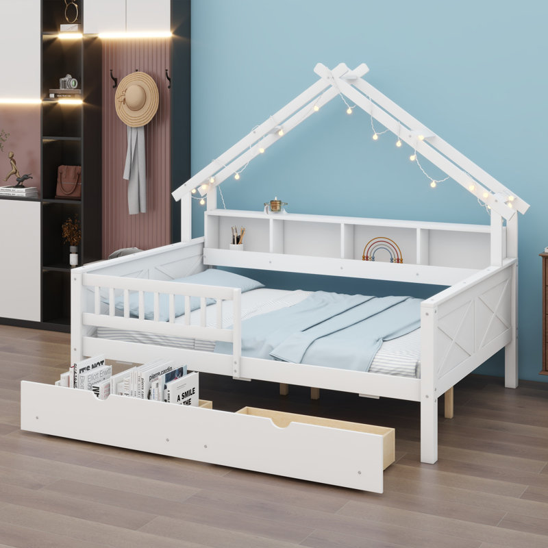 Lits plateforme en bois avec DEL, tablettes de rangement, tiroirs et garde-corps, Blanc