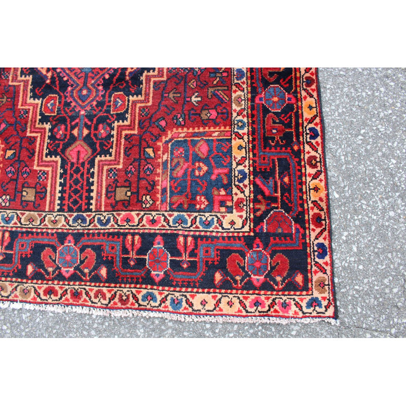 Tapis unique en laine noué à la main des années 1940 de 5 pi 3 po x 6 pi 11 po en rouge / orange / bleu