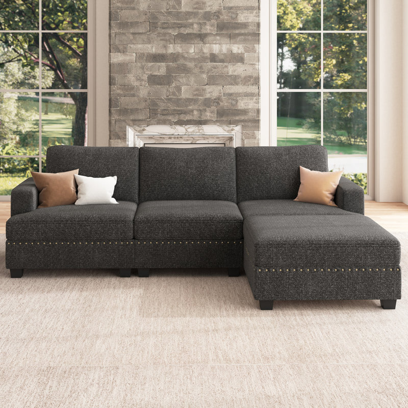 Anureet Modular Sectional Sofa L-shaped 3-seater Sofa With Chaise, Dark Gray Polyester