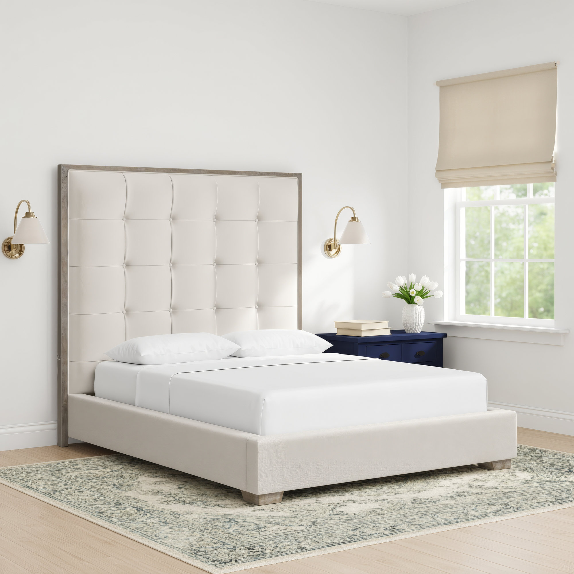 Upholstered Bed, Ivory, Queen