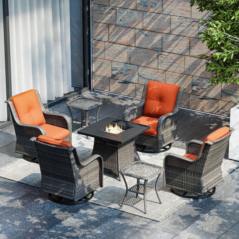 Ensemble de conversation pour 4 personnes avec foyer et coussins, Orange