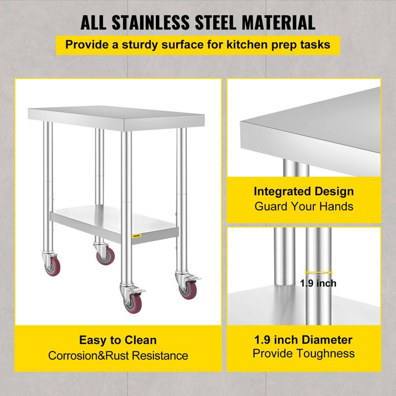 Stainless Steel Work Table 30 x 18 x 34 Inch, 700 LBS Load Capacity with 4 Wheels, 3 Adjustable Height Levels