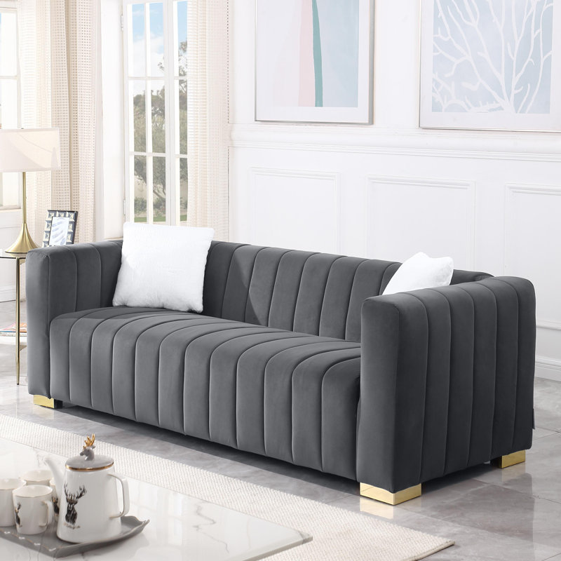 Canapé en velours de luxe 87 po avec 2 coussins Clifford, Doré, Gris
