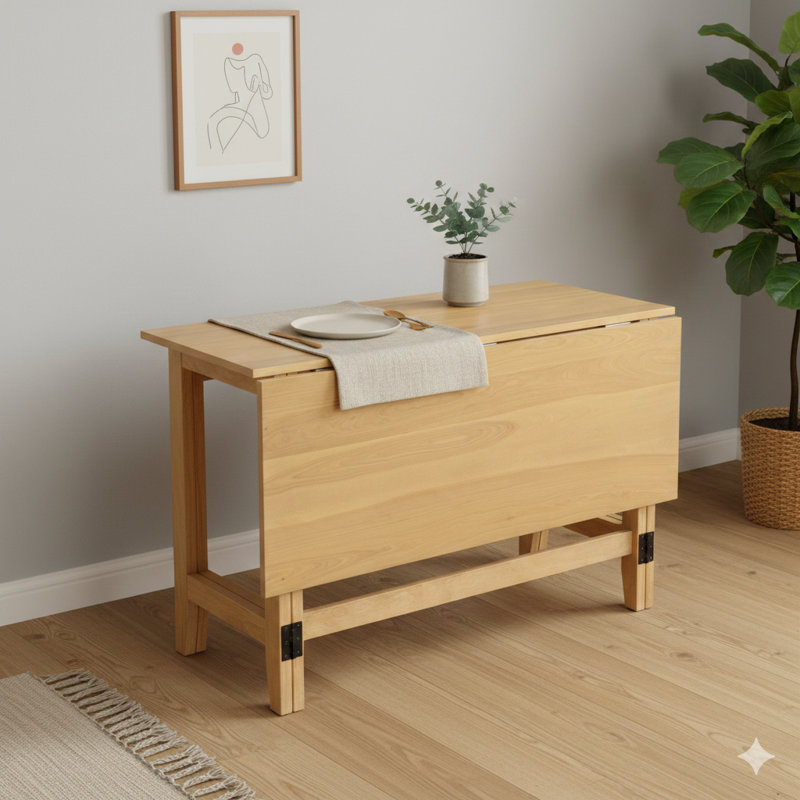 Table de salle à manger extensible en bois de style rustique avec rallonge pliante pour espaces compacts, finition bois naturel