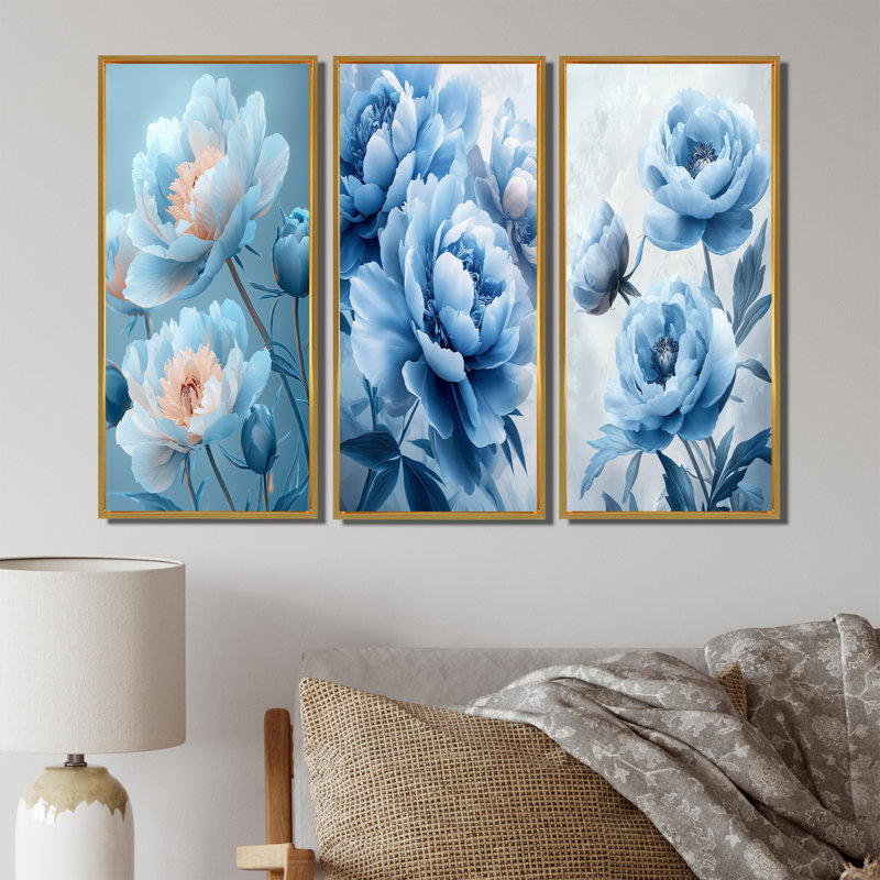 Blue Velvet Pe pivoines I - Collection d'art mural pivoines, H 28 po x l 36 po, Impression encadrée flottante, Doré