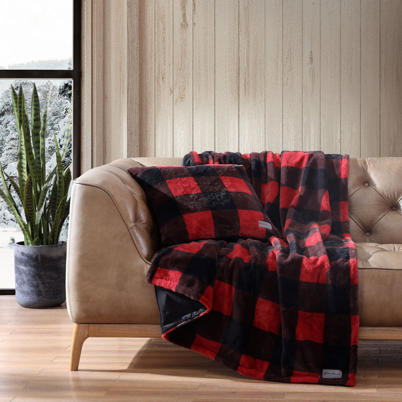Blue and Black Plaid Reversible Fleece Pillow and Throw Set