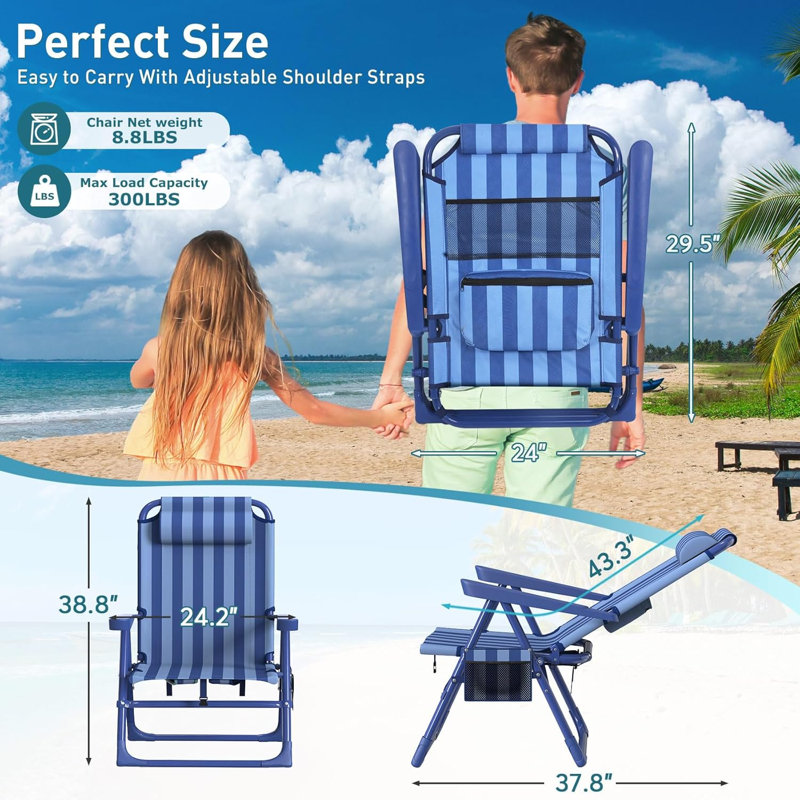 Backpack Beach Chair, 6-Positions Reclining Folding Beach Chair with Cooler Bag and Cup Holder, Navy Blue Striped, 2