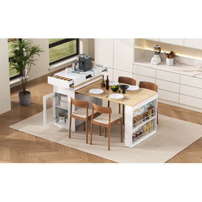 Extendable Dining Table with Folding Tabletop, Bar Table with Drawers and Power Outlet