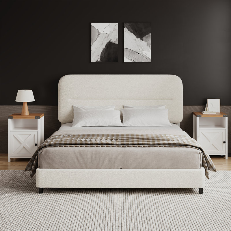 3 Piece Upholstered Bedroom Set,Bed Frame With Set Of 2 Nightstands, Queen, Cream/White