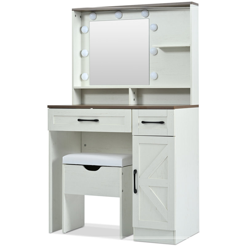 Farmhouse Makeup Vanity Desk with Mirror and Lights, 3 Lighting Modes, Vanity Set with Stool, Dressing Table with Adjustable Shelves,2 Drawers and Side Cabinet for Bedroom