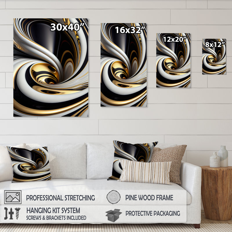 Gold Black And White Stained Glass I - Abstract Spirals Canvas Print Wall Art, 20" H x 12" W, Wrapped Canvas, No Frame