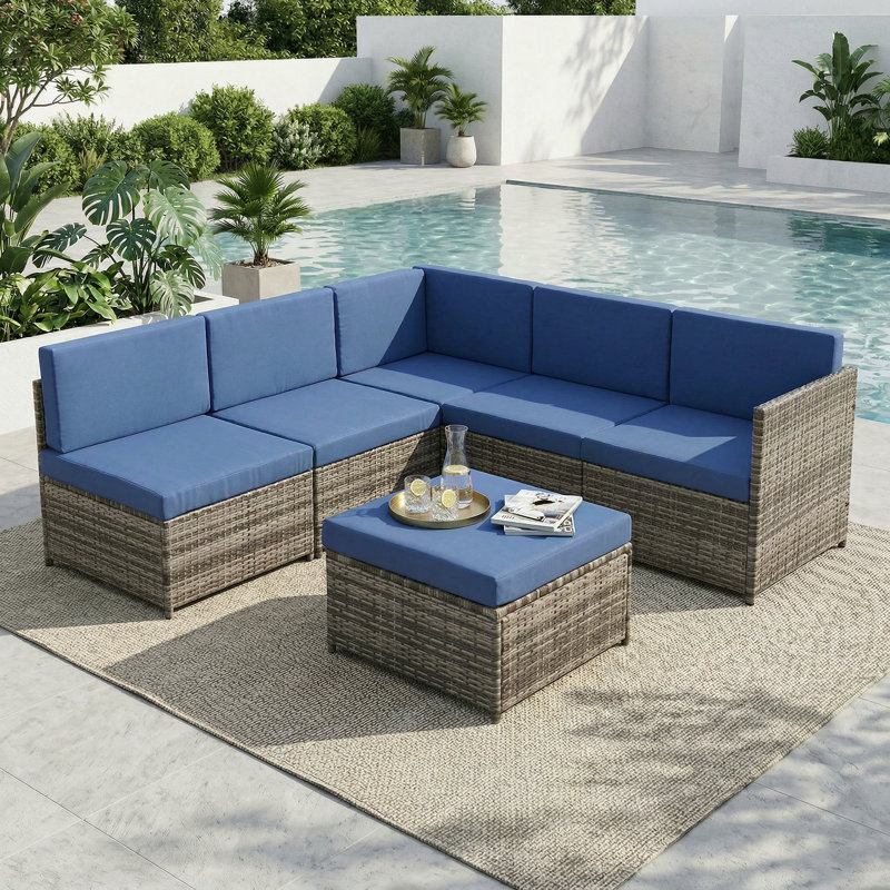 Ensemble de conversation d'extérieur en osier pour 5 personnes avec table de rangement, Gris