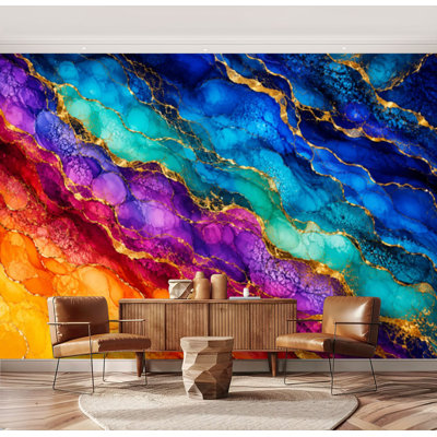 Wall Mural Peel and Stick Wallpaper Abstract Colorful Marble Waves Gold Glitter Lines Fluid Ink Self-Adhesive Removable Contact Paper Wall Decor for Living Room Bedroom 69"H x 96"W