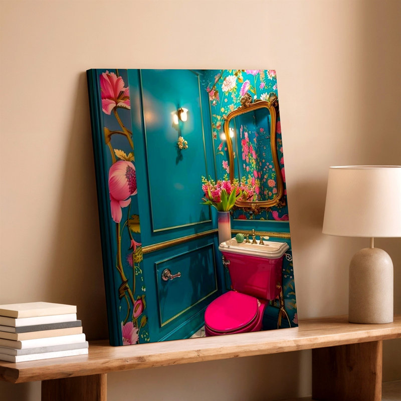 Reproduction d'art mural sur toile rose, bleu sarcelle et miroir, 11 x 14 in