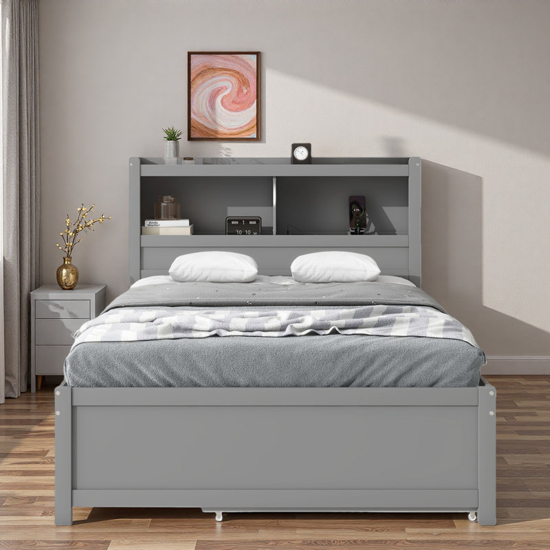 Lit plateforme avec lit gigogne, 3 tiroirs, tête de lit avec rangement et prises USB, Gris