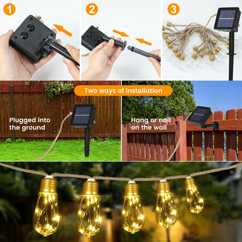 Solar Outdoor String Lights 24FT Vintage Rope Hemp Solar Lights With 20 Shatterproof Bulbs,8 Modes Solar Powered String Lights With Memory Function,Waterproof For Fence,Yard,Camping