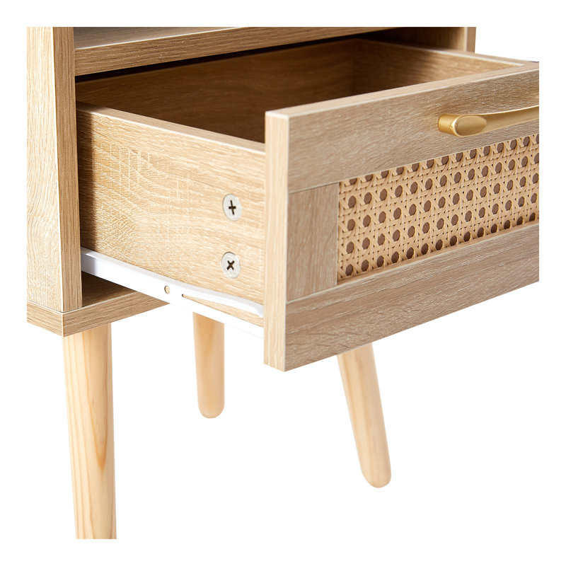15.75" Rattan End Table With  Drawer And Solid Wood Legs, Modern Nightstand, Side Table For Living Room, Bedroom,Natural