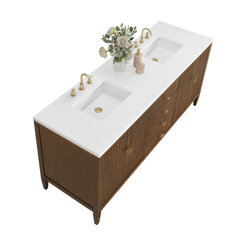 Myrrin 72'' W Double Vanity, Mid-Century Walnut, White Zeus, 8" Widespread