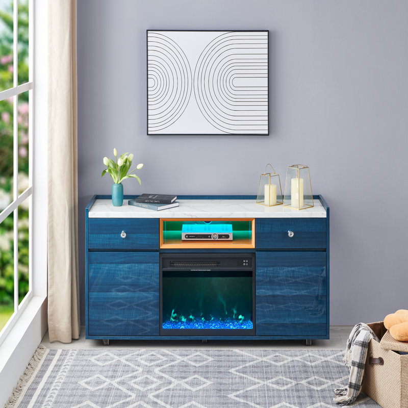 VALUEON 59" Modern TV Stand with Fireplace | Functional as a Stylish Sideboard, Carrara/Maple Wood Grain Finish