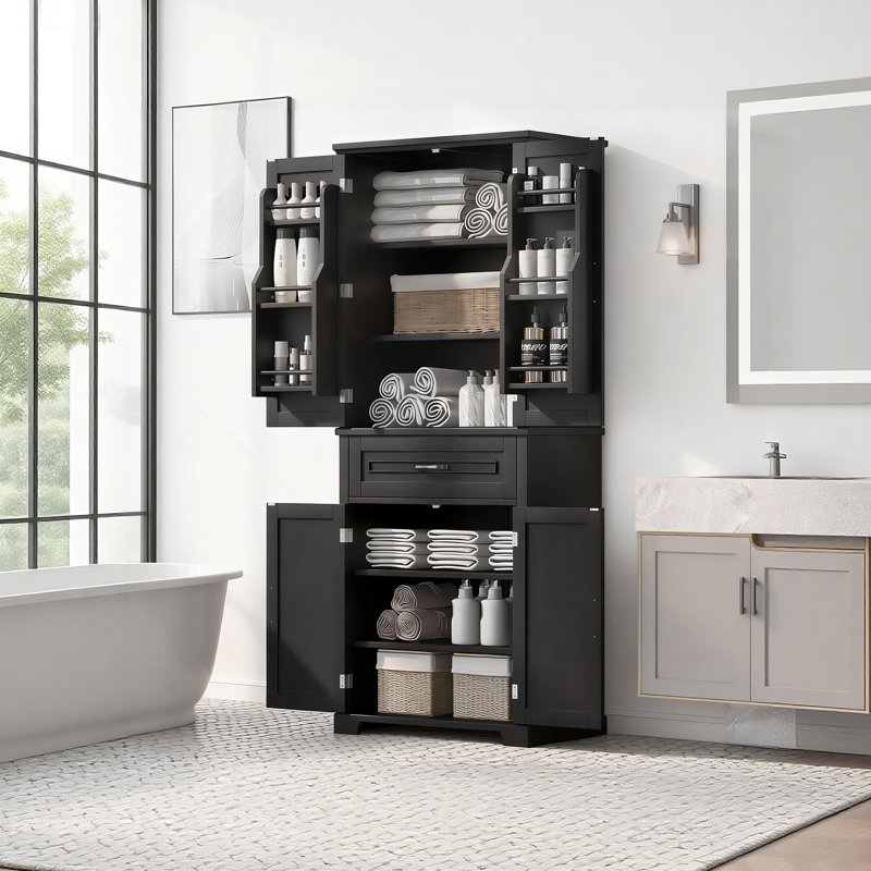 Armoire de rangement autoportante avec tiroir et portes, tablette réglable et grand espace de rangement, Noir