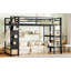 Lit simple avec très grand lit avec garde-robe, lit mezzanine en métal avec tablettes de rangement et panneau perforé, noir