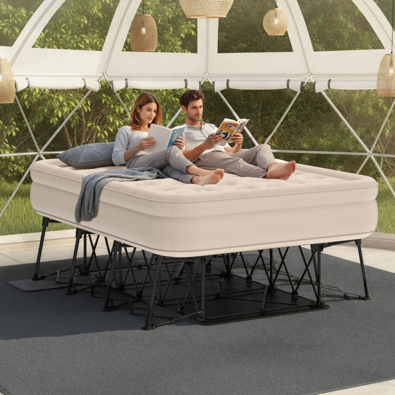 Matelas gonflable Queen avec cadre de lit et boîte de rangement, Queen, Beige