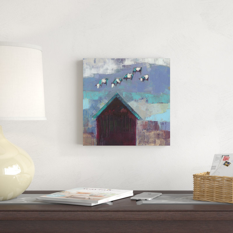 Vache, nuage, grange, H 12 po x l 12 po