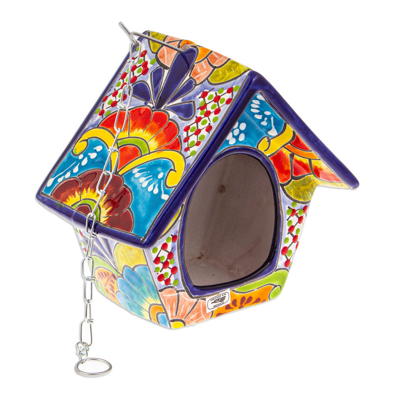 Mangeoire à oiseaux en céramique faite à la main August Grove® Blue Arcadia