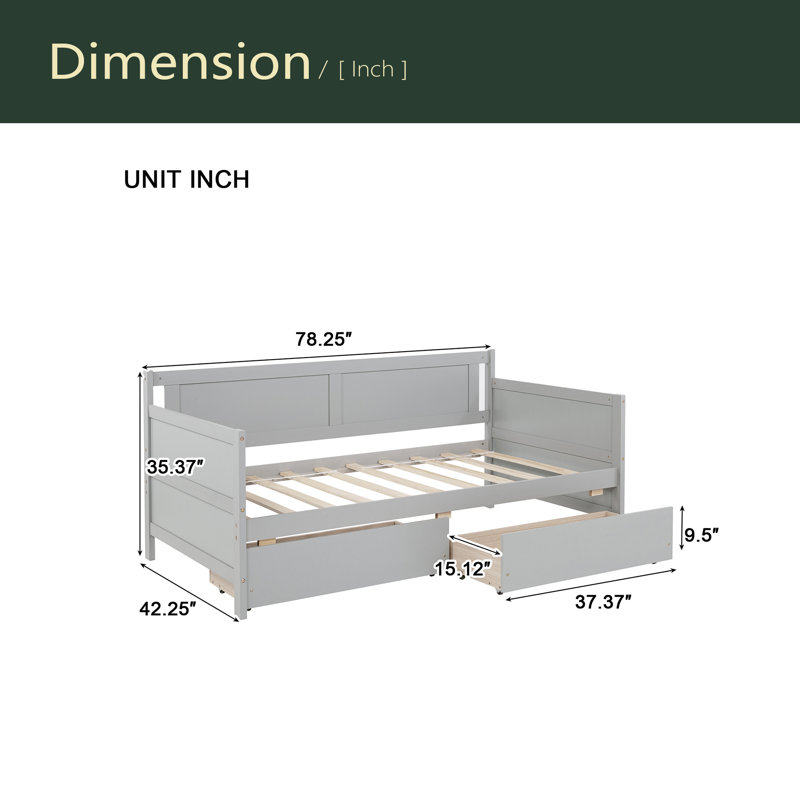 Twin Size Pine Wood Daybed With Two Storage Drawers, Grey