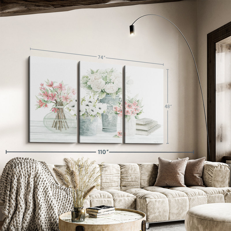 «Farmhouse Florals», 3 pièces sur toile, H 48 po x l 74 po x P 1,25 po