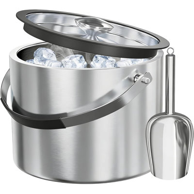 Seau à glace à double couche en acier inoxydable 304 de 3,0 L avec couvercle en silicone, pelle à glace et couvercle en silicone, argent, 18 x 18 x 18 cm, seau à glace en acier inoxydable pour la maison, la fête, le bar