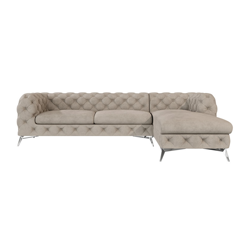 Corner Chaise Chesterfield Sofa  with Silver Metal Legs, Dark Cream, Right Hand Facing