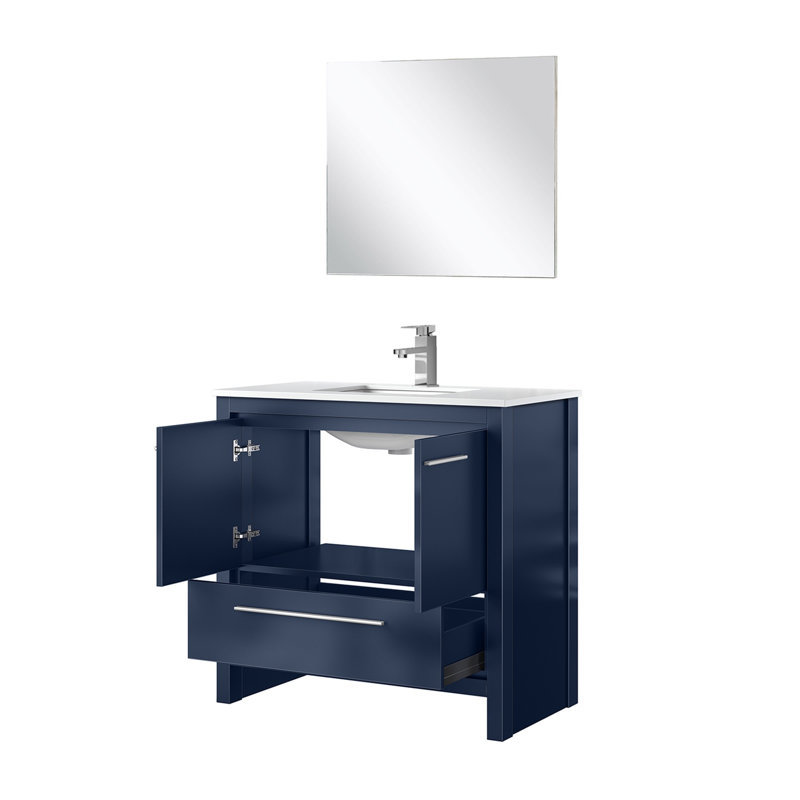Ensemble de meuble-lavabo bleu marine l 36 po x P 20 po, comptoir en quartz blanc, robinet chromé et miroir 28 po, Navy Blue