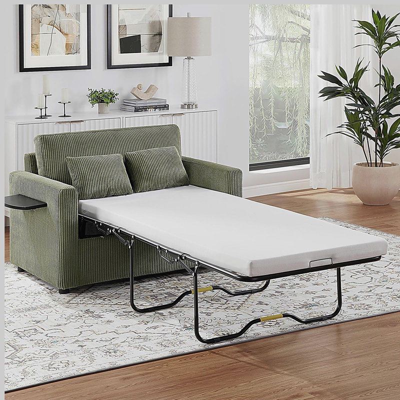 Canapé-lit simple 47,2 po, canapé-lit avec matelas pliable, table d'appoint pliable, pochette de rangement latérale et deux ports USB pour le salon, vert