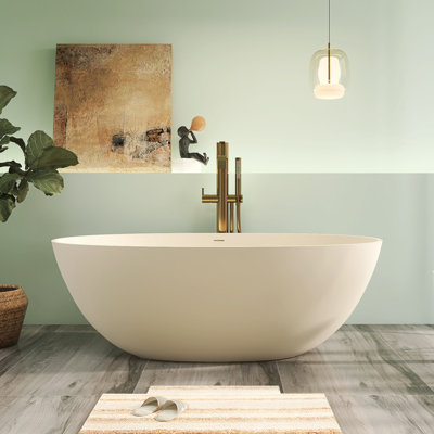 Baignoire autoportante ovale de 65 pouces, baignoire en résine de pierre avec trop-plein et bonde escamotable, café au lait pour salle de bain moderne