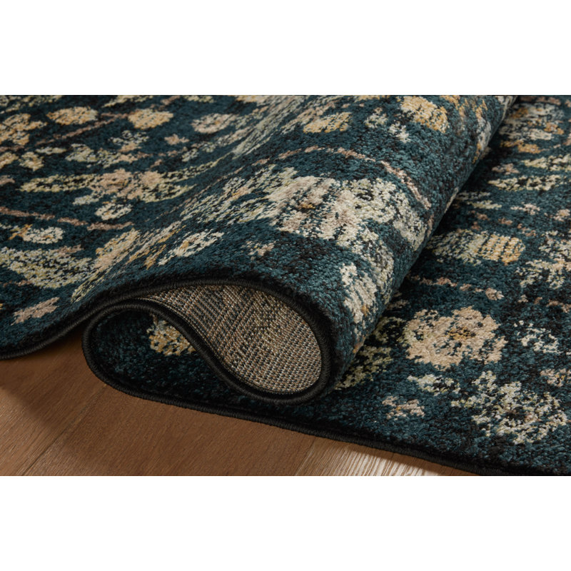 Navy Floral Wool and Synthetic Rectangular Rug, 5' x 8'