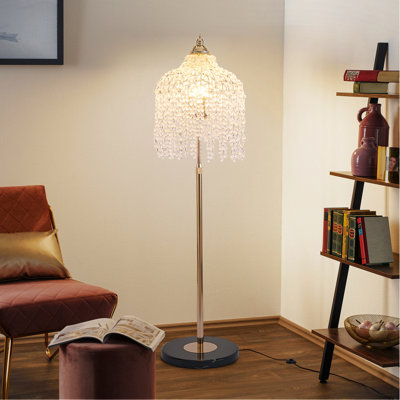 3-Light Elegant Crystal Floor Lamp – Vintage Waterfall Design with Grape-Shaped Crystal Bead Strings and Marble Texture Base for Living Room, Bedroom, or Office Décor (Bulb Not Included)