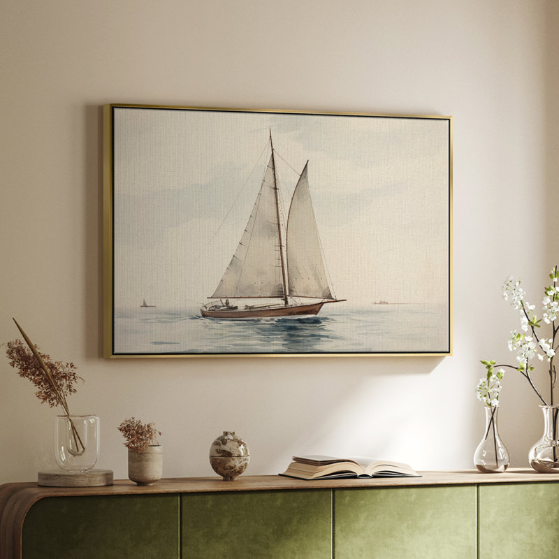 Rétro nautique-I, Toile avec cadre flottant or, H 27 po x l 41 po x P 2 po