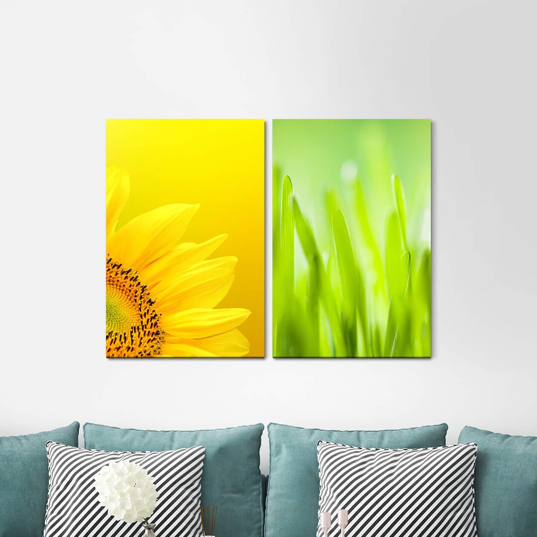 2-tlg. Leinwandbilder-Set - Fotografie „Sunflower Yellow Grass Sunshine Meadow Green”