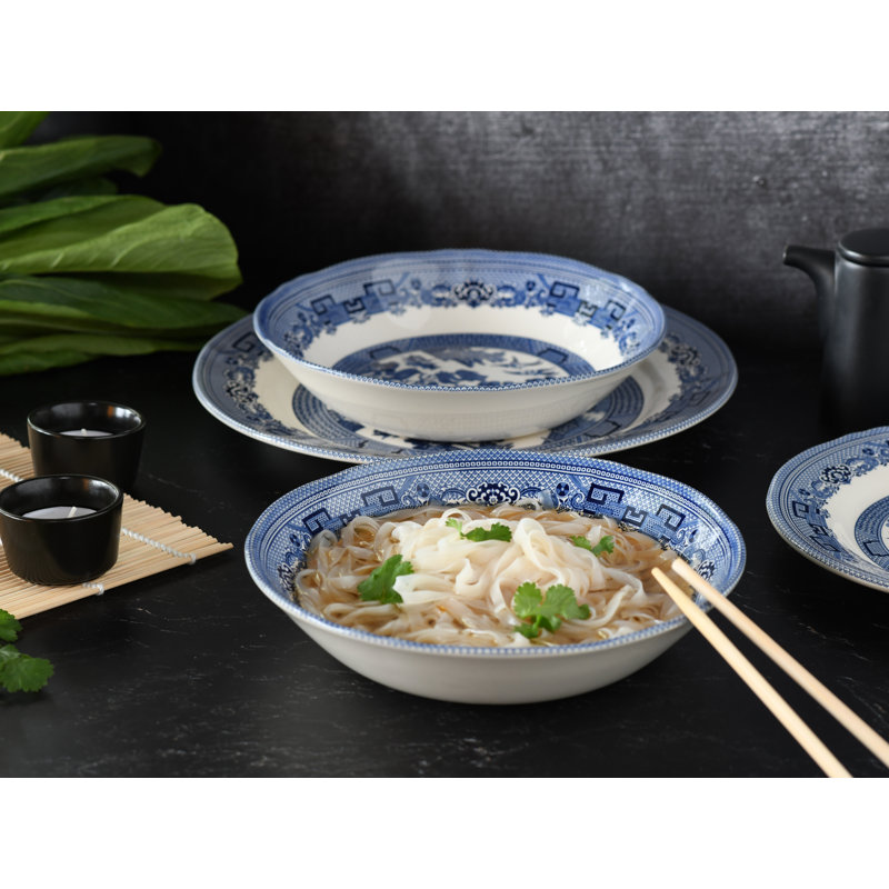 China Town 18 Piece Stoneware Dinnerware Set, Blue/White/Grey