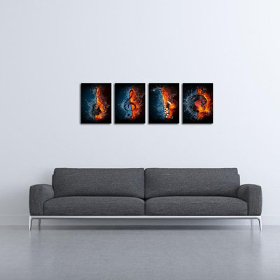 Wall Decor - 4 Panel Music Canvas Painting Instrument Series Picture Prints Electric Guitar,Music Note,Saxophone And Turntable Wall Art (Music Wall Art)