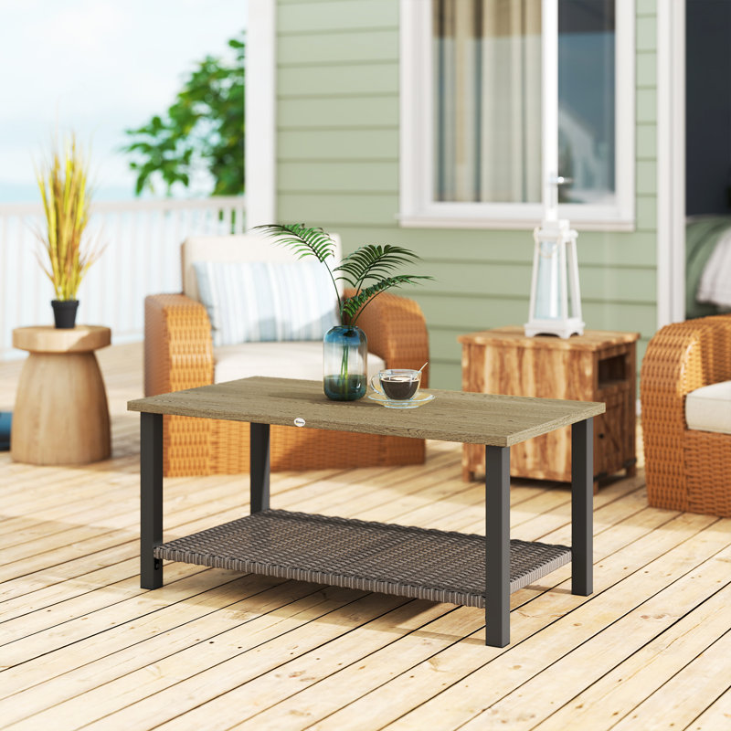 Outdoor Coffee Table with Shelf, Wood-Effect Metal Top, Brown
