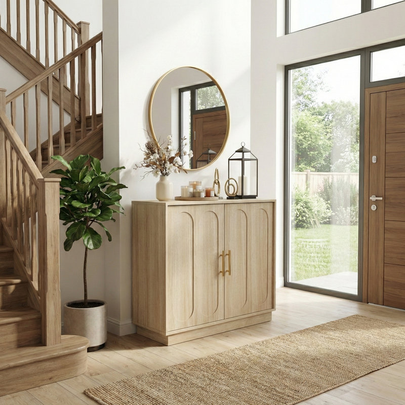 31.5" Modern 2 Door Storage Cabinet, Light Oak Sideboard Buffet Cabinet With Gold Handles, Fluted Wood Accent Cabinet For Living Room, Kitchen