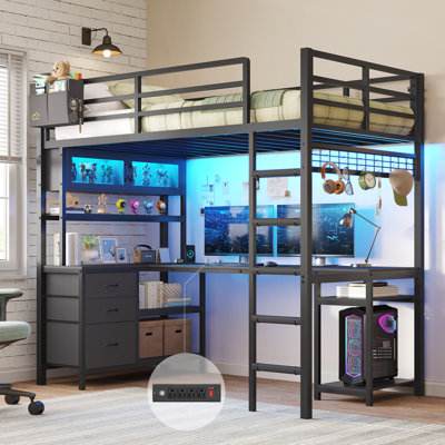 Twin Size Loft Bed Frame With L-shaped Desk And 3 Storage Drawers, Metal Loft Twin Beds With Charging Stations, Led Lights, Storage Shelves And Cabinet, Safety Guardrail & Ladders, Black