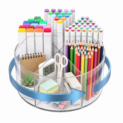 Organiseur de bureau rotatif à 360° en acrylique avec poignée, porte-stylos transparent à 6 compartiments pour fournitures de bureau, pinceaux de maquillage, outils artistiques, coiffeuse et organisation de bureau
